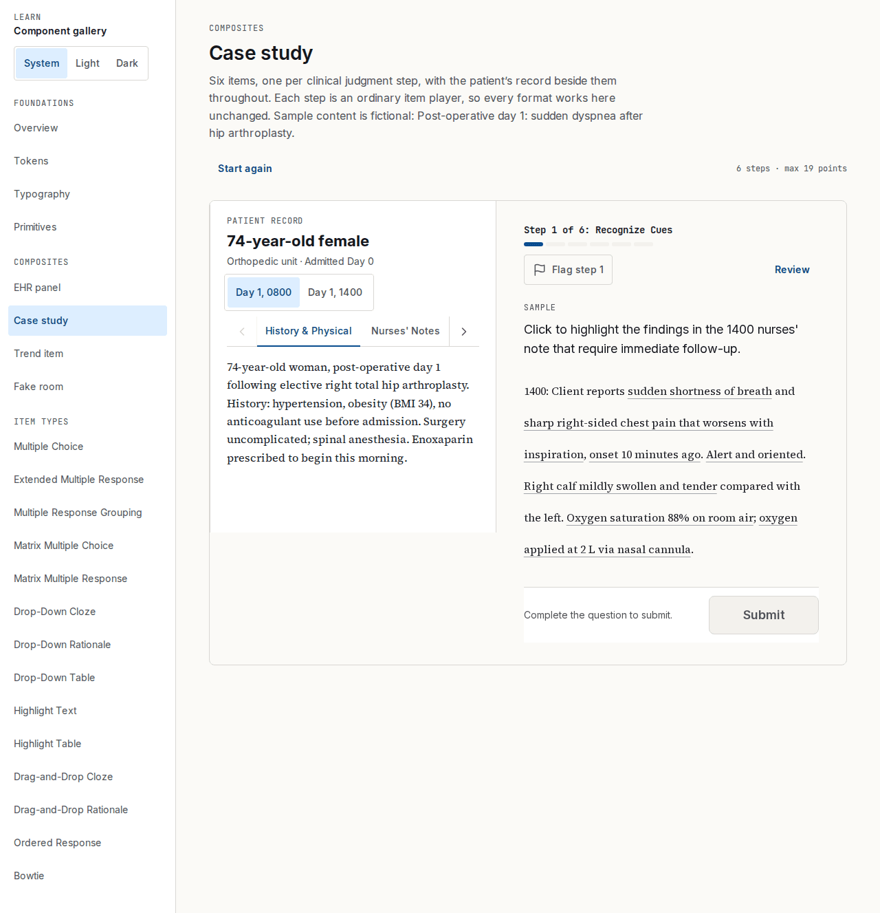 Step 1 of 6 of a case study, Recognize Cues: the patient record on the left and a Highlight Text question on the right.