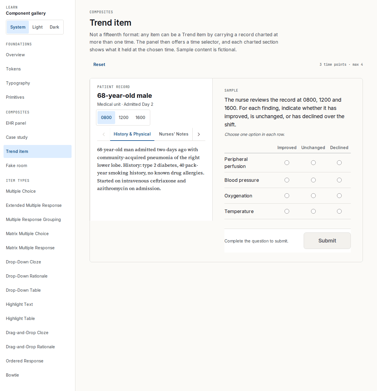 A Trend question: a patient record with a time selector for 0800, 1200 and 1600, beside a matrix asking whether each finding improved, is unchanged or declined.