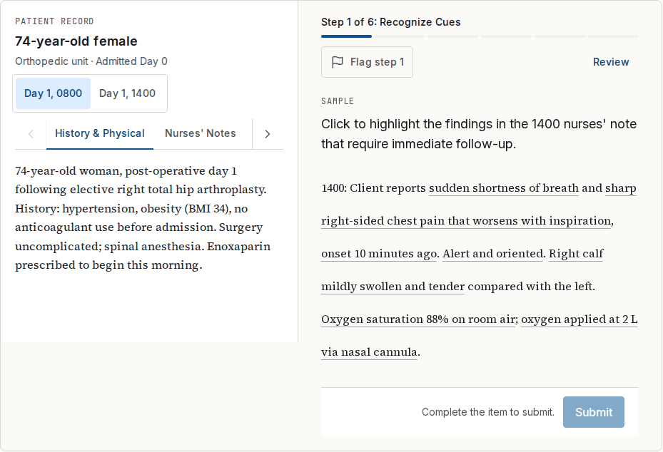 A sample case study step. On the left, the patient record for a 74-year-old woman one day after hip surgery. On the right, step 1 of 6, Recognize Cues: a highlight question asking which findings in the 1400 nurses' note need immediate follow-up.
